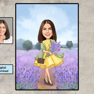 Caricature Woman in Garden, Floral Woman Cartoon, Spring Woman, Caricature Woman with Flower, Funny Gardening Gift for Women, Florist Lover