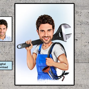 Personalized Plumber Cartoon Portrait, Custom Plumber Caricature Drawing from Photo, Funny Plumber Caricature, Gift for Plumber