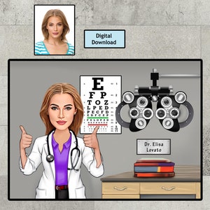 Custom Woman Eye Doctor , Ophthalmologist Gift, Custom Eye Doctor Portrait, Eye Doctor Caricature, Eye Doctor Cartoon, Eye Doctor Retirement