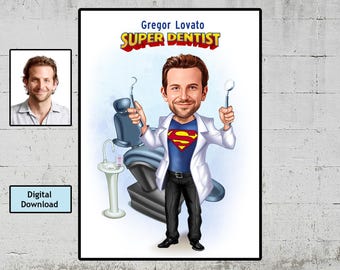 Super Dentist Gift, Custom Caricature Portrait, Cartoon Dental Hygienist Assistant, Ortodontist Retirement Birthday Gift, Digital Download