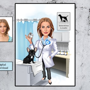 Cadeau vétérinaire femme - caricature personnalisée à partir d'une photo, caricature de chirurgien vétérinaire, portrait de dessin animé vétérinaire, cadeau technique vétérinaire