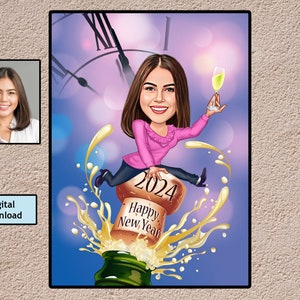 Art personnalisé de caricature de carte drôle de nouvel an | carte de bonne année | Caricature tirée de la photo | carte photo de vacances | Caricature personnalisée