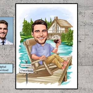 Gepersonaliseerd cartoonportret pensioen, aangepaste karikatuurtekening pensioen van foto, grappige karikatuur, jaren of dienstjaren