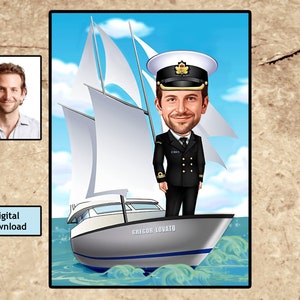 Ship Captain Gift, Digital Cartoon Male Captain Portrait, Printable Boat Ship Captain, Sea Captain Gift, Digital Svg, Digital Download