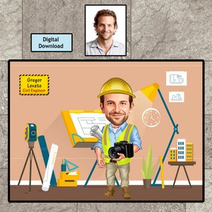 Retrato de Engenheiro Civil em Caricatura: Presente Personalizado para Escritório (Download Digital)