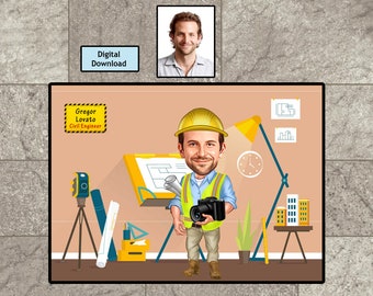 Civil Engineer Caricature Portrait: Personalized Office Gift (Digital Download)