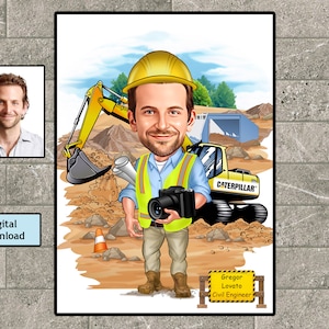 Civil Engineer Gift - Custom Caricature Portrait From Your Photo / Civil Engineering Personalized Male / Male Engineer / Digital Download