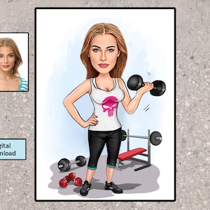 Aangepaste vrouw fitness cartoon portret, fitness karikatuur, cadeau voor sportschool liefhebber, fitness cartoon, aangepaste vrouwelijke fitness stripfiguur