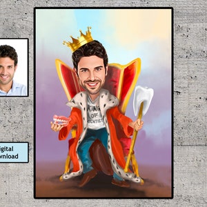 King of Dentists, Super Dentist Gift, Custom Caricature Portrait, Cartoon Dental, Ortodontist Retirement Birthday Gift, Digital Download