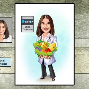 Retrato de dibujos animados de nutricionista dibujo de foto, regalo de dietista para mujeres, caricatura de nutricionista, idea divertida de regalo de dietista, comida saludable