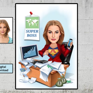 Custom Female Super Boss Cartoon Portrait, Boss Portrait, Gifts for Boss, Boss Caricature, Boss Lady Cartoon, Funny Boss Lady Caricature