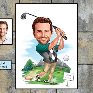 Gepersonaliseerde golfspeler cadeau, aangepaste karikatuur portret van uw foto, golfspeler cadeau hem haar mannen, golf cartoon verjaardagscadeau, downloaden