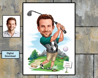 Personalized Golf Caricature Portrait: Custom Golfer Gift (Digital Download)