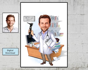 Custom Otolaryngologist Caricature Portrait - Unique Doctor Gift (Digital Download)