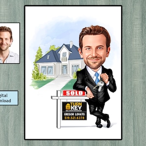 Makelaar karikatuur geschenk, aangepaste mannelijke makelaar portret, onroerend goed sjablonen marketing, verjaardagscadeau-ideeën, digitale download