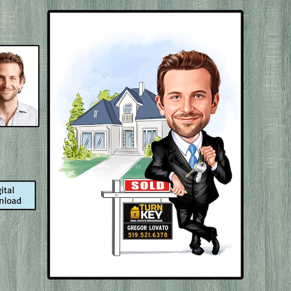 Makler Karikatur Geschenk, benutzerdefinierte männliche Makler Portrait, Immobilien Vorlagen Marketing, Geburtstag Geschenkideen, digitaler Download