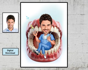 Custom Dentist Caricature Portrait, Dental Gift (Digital Download)