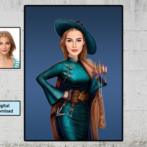 Personalized Flamboyant Woman illustration Photo Gift With, Cool Lady Style, Every woman is a star, Modern Art Custom Cartoon Portrait