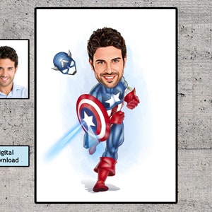 Retrato personalizado de desenho animado de super-herói, desenho personalizado de caricatura de super-herói a partir de foto, caricatura engraçada de super-herói, presente para o pai