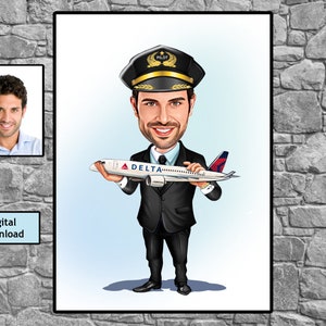 Caricature Pilot Portrait, Pilot Gift Idea, Pilot Birthday Gift, Pilot Retirement Gift, Captain Pilot,Aviation Gifts, Gift for Air Force