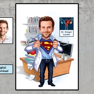 Super Doctor Obstetrician Caricature, Custom Portrait Gift, Cartoon Gynecologist, Gynaecology Gifts, Birthday Gift, Digital Download