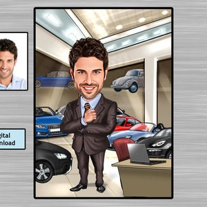 Car Dealer Gift - Custom Caricature Portrait From Your Photo / car salesman gift / car guy gift , Car Lover Gift for Men, Car Showroom