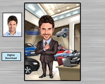 Car Dealer Gift - Custom Caricature Portrait From Your Photo / car salesman gift / car guy gift , Car Lover Gift for Men, Car Showroom