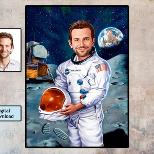 Dibujo de retrato de dibujos animados de astronauta personalizado a partir de una foto, regalo personalizado para astronauta, regalo, dibujo de caricatura de astronauta, regalo de amante del espacio