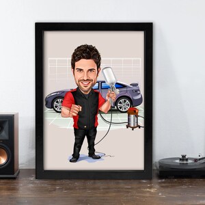 May include: A cartoon illustration of a person in a red shirt and black pants holding a paint sprayer in front of a gray car.