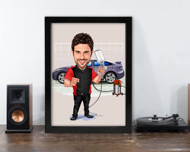 May include: A cartoon illustration of a person in a red shirt and black pants holding a paint sprayer in front of a gray car.