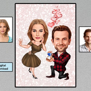 Marriage Proposal Cartoon Gift, Valentine's Day Caricature Portrait, Lover Gift, Wedding Gift, Digital Download