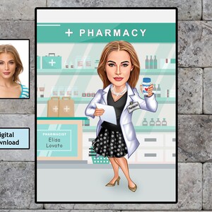 Pharmacist Caricature, Custom Pharmacist Portrait, Pharmacy Assistant Technician, Female Pharmacist Gift, Graduation Gift, Digital Download