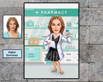 Pharmacist Caricature, Custom Pharmacist Portrait, Pharmacy Assistant Technician, Female Pharmacist Gift, Graduation Gift, Digital Download