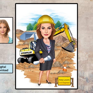 Female Civil Engineer Gift - Custom Caricature Portrait From Your Photo, Civil Engineering Personalized / Female Engineer / Digital Download