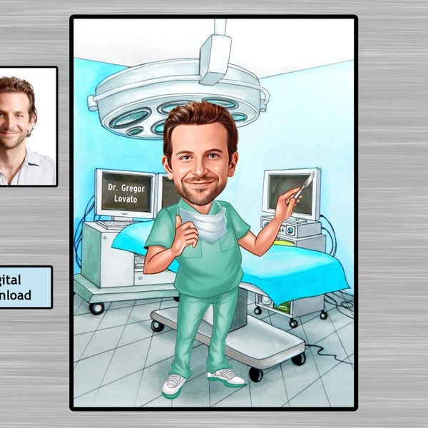 May include: A digital caricature of a doctor in a green surgical scrub, holding a scalpel and standing in an operating room. The doctor is smiling and looking at the camera. The operating room has a blue ceiling, a medical table, and medical equipment. The doctor's name is Dr. Gregor Lovato.