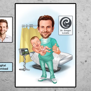 PEDIATRA Imagen personalizada de dibujos animados, Caricatura de médico infantil, Caricatura de foto, Retrato digital, Caricatura Regalo personalizado