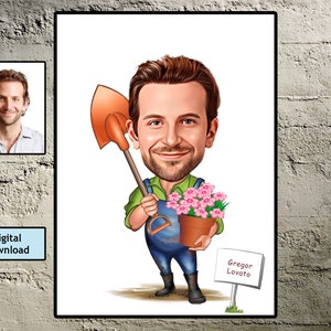 Gardening Caricature Drawing from Photo, Funny Gardening Man Cartoon, Gardening Digital Cartoon, Gardening Lover Gift, Gardener Birthday