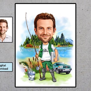 Ritratto di caricatura di pescatore personalizzato: regalo personalizzato (download digitale)