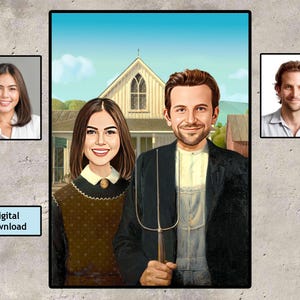 Ritratto American Gothic personalizzato dalla tua foto, ritratto per coppia, regalo di anniversario, ritratto personalizzato per coppia, regalo divertente, scarica