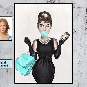 Personalized Bubble Gum illustration Photo Gift With, Audrey Hepburn Style, Every woman is a star, Modern Art Custom Cartoon Portrait