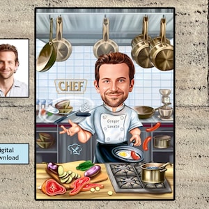 Custom Chef Caricature, Chef Cartoon Portrait, Personalized Chef Gift, Custom Food Cook Portrait From Your Photo, Gourmet, Gift for Him