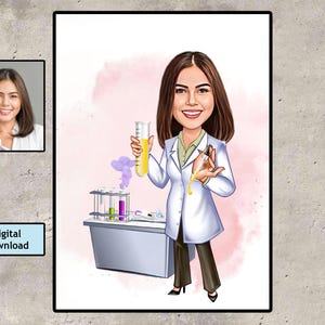 Benutzerdefinierte Chemikerin Cartoon Porträt, Chemikerin Porträt, Chemiker Geschenk, Chemiker Karikatur, Karikatur vom Foto, Wissenschaftlerkarikatur