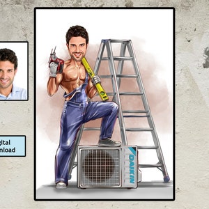 Air Conditioning Master Preparing To Install New Air Conditioner, Custom Air Conditioning Master Cartoon, Air Conditioning Master Caricature
