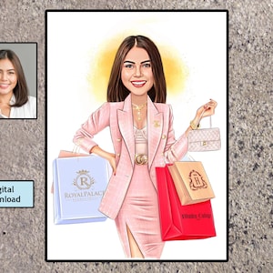 Regalo de mujer compradora: retrato de caricatura personalizado de su foto / regalo femenino genial, retrato personalizado de mujer de calidad de la foto