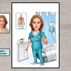 Aangepaste vrouw arts cartoon portret, arts portret, arts karikatuur, geschenken voor arts, vrouwen arts cadeau, arts cartoon tekening