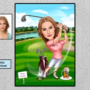 Dibujo de golfista femenino personalizado, retrato de caricatura personalizado de su foto, dibujos animados de golfista femenino, regalo de cumpleaños de dibujos animados de golf, descargar