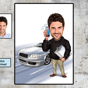 Aangepaste auto cartoon portret, autodealer karikatuur, cadeau voor autoliefhebber, grappige auto cadeau, grappige autoverkoper karikatuur van foto