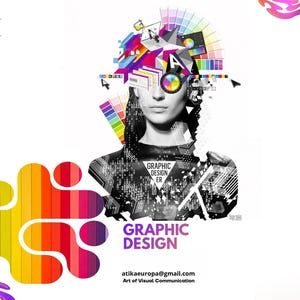 K&ouml;nnte beinhalten: Ein Grafikdesign-Poster mit einem schwarz-wei&szlig;en Portr&auml;t einer Person und einer bunten abstrakten Collage aus Designwerkzeugen, Farbkreisen und geometrischen Formen &uuml;ber dem Kopf. Der Text lautet GRAPHIC DESIGNER und GRAPHIC DESIGN.