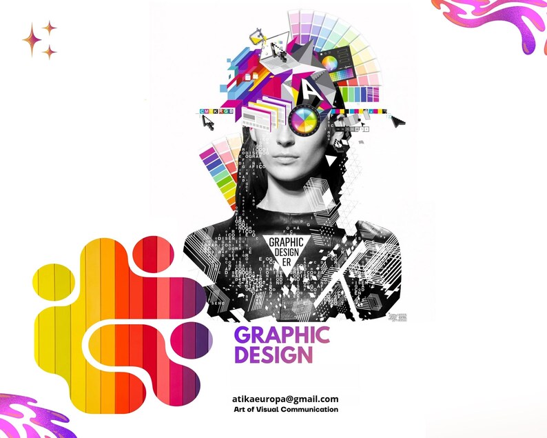 K&ouml;nnte beinhalten: Ein Grafikdesign-Poster mit einem schwarz-wei&szlig;en Portr&auml;t einer Person und einer bunten abstrakten Collage aus Designwerkzeugen, Farbkreisen und geometrischen Formen &uuml;ber dem Kopf. Der Text lautet GRAPHIC DESIGNER und GRAPHIC DESIGN.