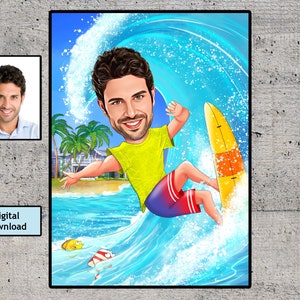 Surfende Cartoonzeichnung vom Foto, individuelles Surferjungengeschenk, lustiges Surfgeschenk für Männer, Surfkarikatur-Porträt vom Foto, Surfliebhaber-Geschenkidee